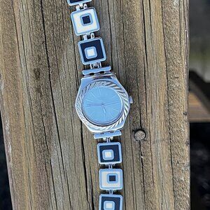 Swatch Stainless Steel Irony Watch with Black and Cream Square Link Band